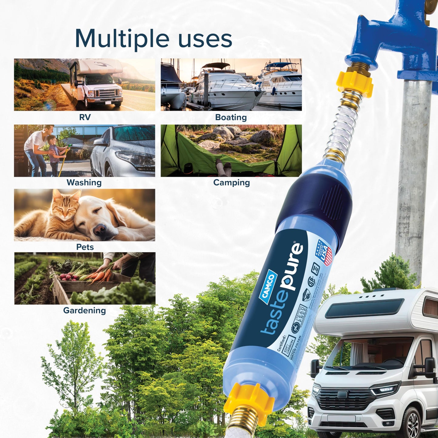 Camco Tastepure RV Water Filter - Advanced RV Inline Water Filter with Flexible Hose Protector - GAC & KDF Filtration - Made in USA - Camping Essentials for Fresh Drinking Water (40043)