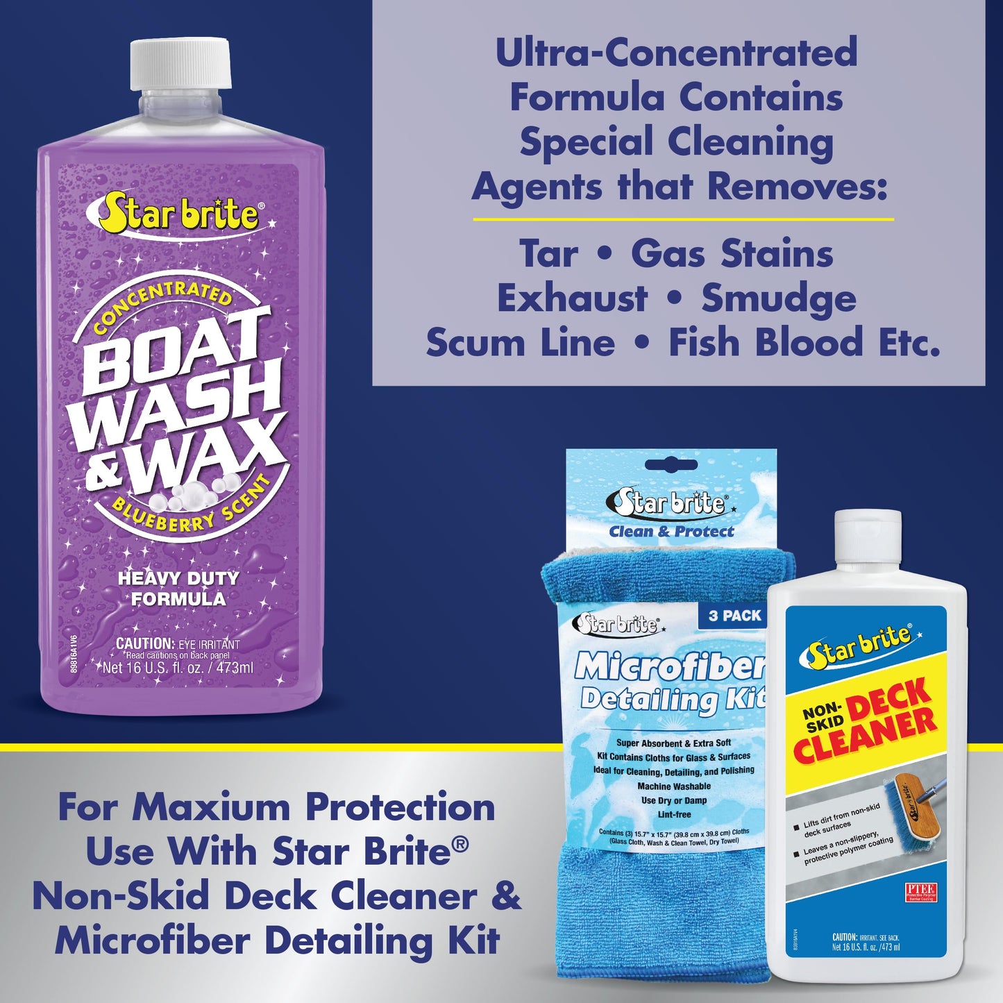 STAR BRITE Boat Wash & Wax - Heavy Duty Concentrate - Clean, Shine & Protect in One Easy Step - 1 Ounce Makes 1 Gallon - Blueberry Scent