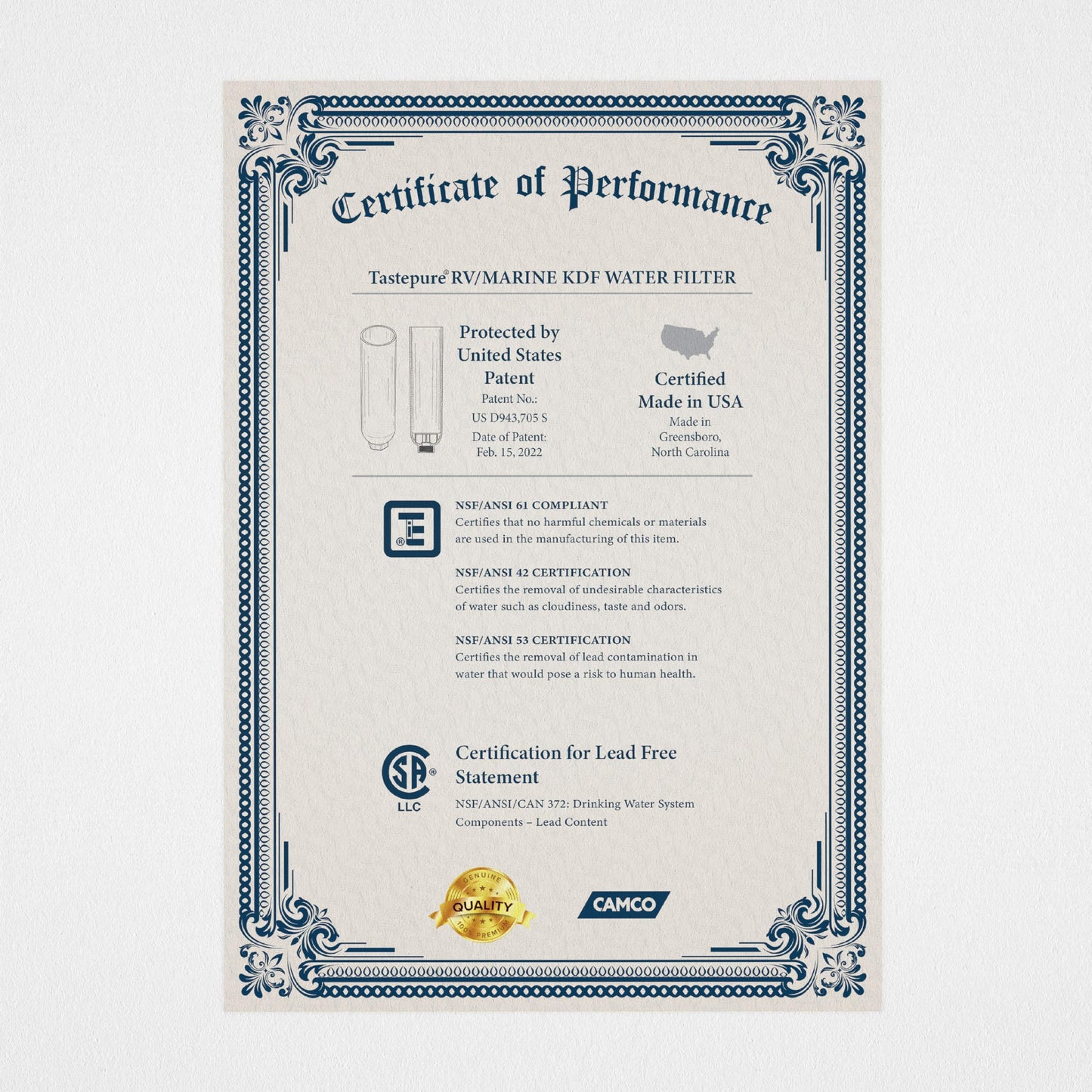 Camco Tastepure RV Water Filter - Advanced RV Inline Water Filter with Flexible Hose Protector - GAC & KDF Filtration - Made in USA - Camping Essentials for Fresh Drinking Water (40043)